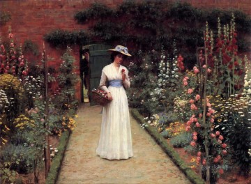 Edmund Leighton Painting - Lady in a Garden historical Regency Edmund Leighton